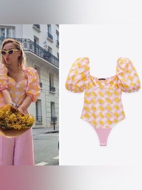 NEW Zara Blogger Puff Sleeve Geometric Print Cotton Poplin Smocked Bodysuit